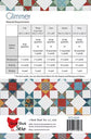 A sewing pattern cover page for Glimmer Requirements by Cluck Cluck Sew, showing a fabric measurement chart with tables for crib, throw, twin, queen, and king sizes, plus a patchwork fabric sample and barcode.