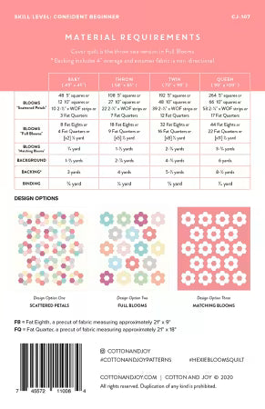 A quilting pattern sheet titled 'MATERIAL REQUIREMENTS' with a size and fabric yardage table, design options, a small fabric pattern swatch grid, and a barcode. The page is mostly white with black text and pink pattern illustrations.