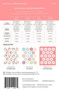 A quilting pattern sheet titled 'MATERIAL REQUIREMENTS' with a size and fabric yardage table, design options, a small fabric pattern swatch grid, and a barcode. The page is mostly white with black text and pink pattern illustrations.