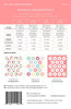 A quilting pattern sheet titled 'MATERIAL REQUIREMENTS' with a size and fabric yardage table, design options, a small fabric pattern swatch grid, and a barcode. The page is mostly white with black text and pink pattern illustrations.