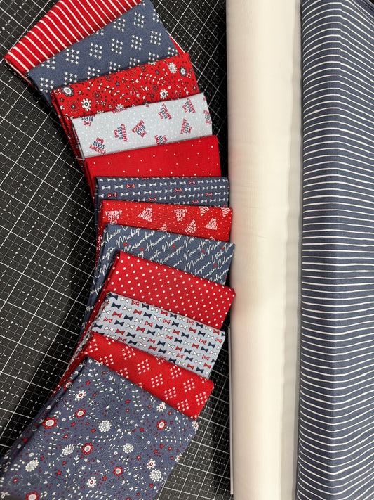 12 patriotic fat quarters and two bolts of fabric for the 250 Celebration quilt kit