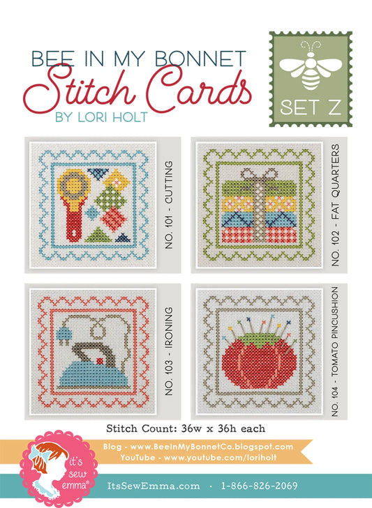 Promotional graphic for Bee in My Bonnet Stitch Cards Set Z by Lori Holt, showing four sample cross-stitch designs: cutting, fat quarters, ironing, and tomato pincushion, with branding and product details on a white background.