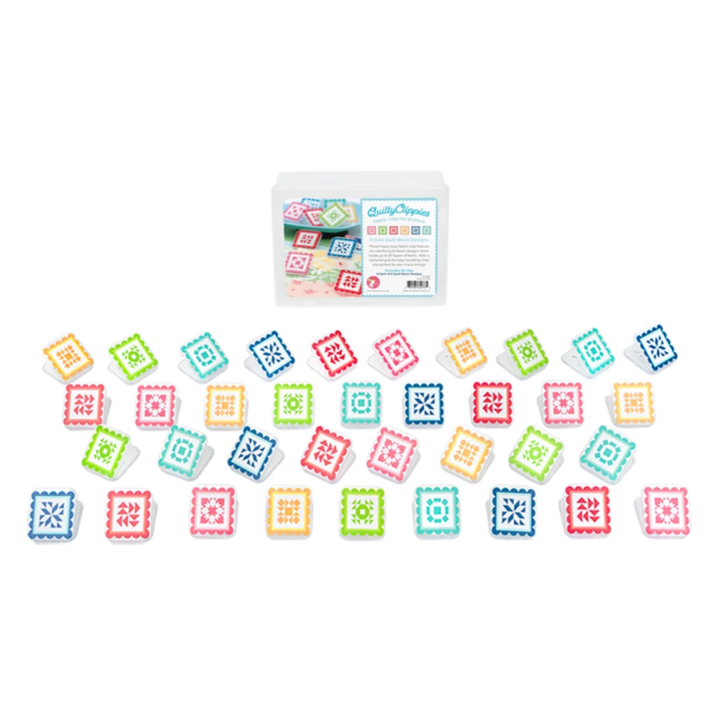 Set of colorful square clips with a container labeled 'Quilty Clippies' on a white background.