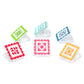 Set of colorful square clips with quilt block patterns on a white background