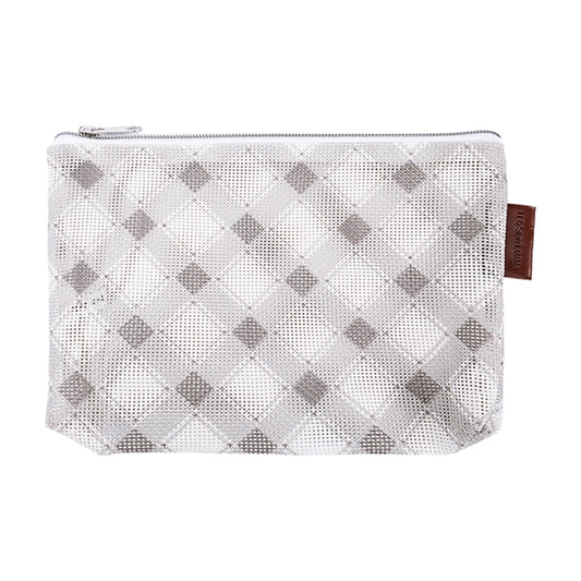 Mesh pouch with gray checkered pattern on a white background
