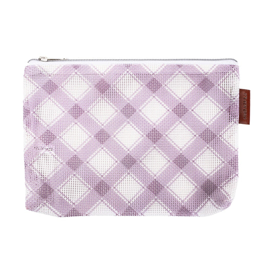 Mesh pouch with purple checkered pattern on a white background