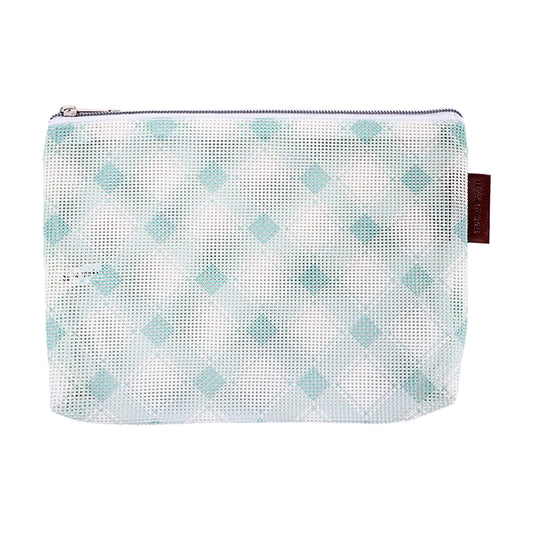 Mesh pouch with blue pattern on a white background