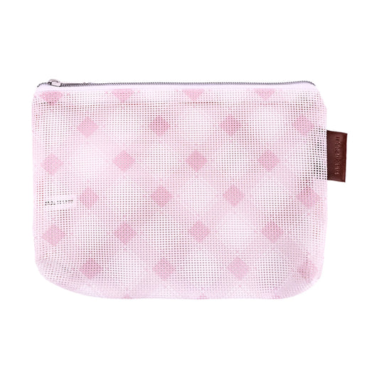 Mesh pouch with pink floral pattern on a white background