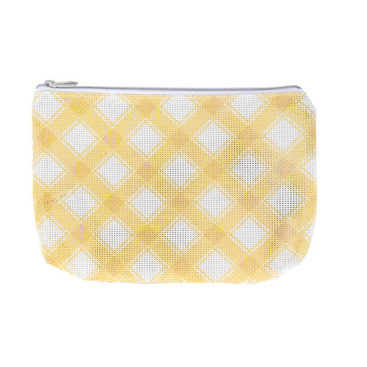 A small zippered pouch with a yellow and white plaid pattern, shown against a plain white background.