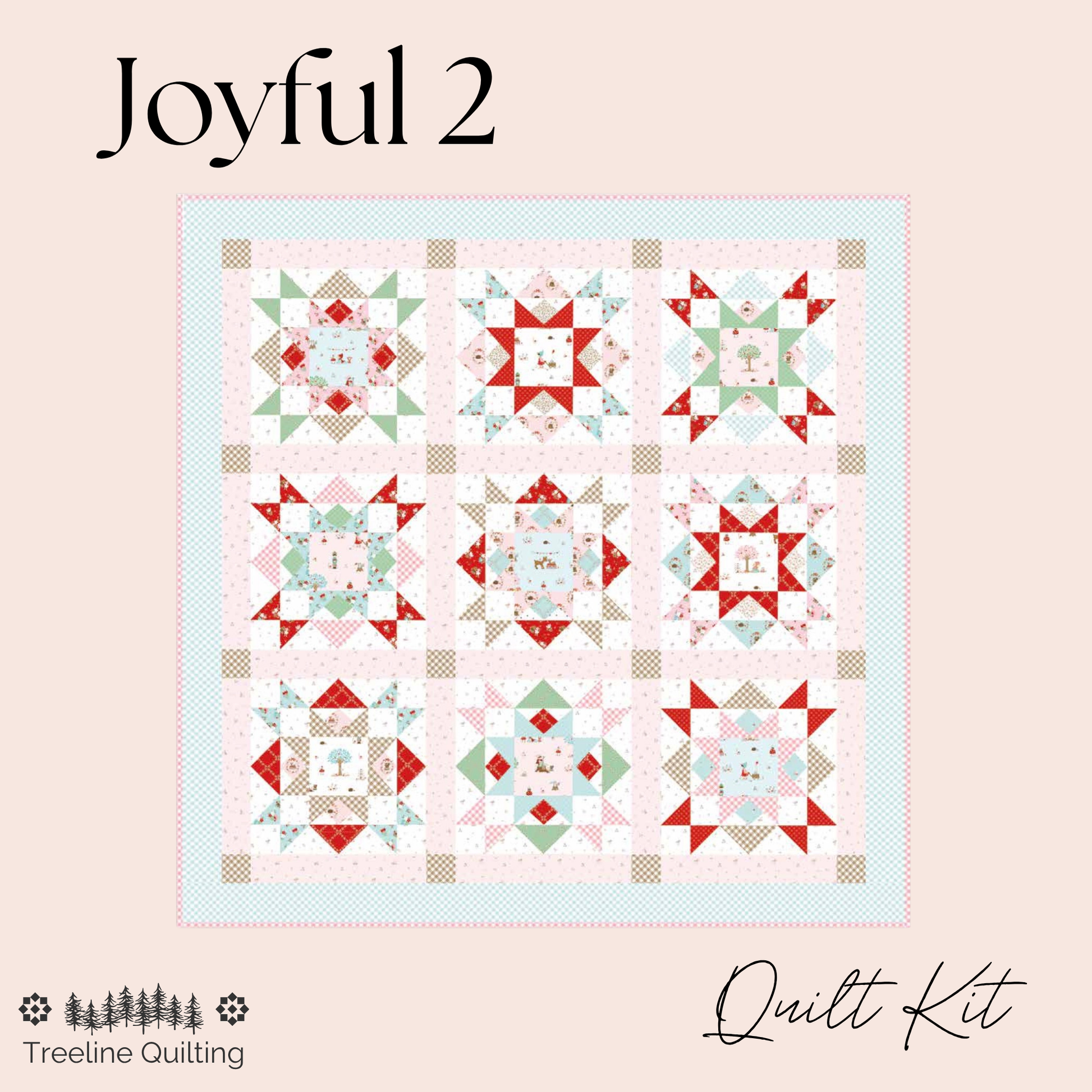 A quilt kit cover design for 'Joyful 2' quilt kit by Treeline Quilting, featuring a 3x3 grid of nine geometric and floral starburst quilt blocks in red, mint green, and beige on a light pink background, set against a solid pale pink backdrop.