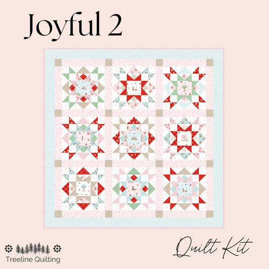 A quilt kit cover design for 'Joyful 2' quilt kit by Treeline Quilting, featuring a 3x3 grid of nine geometric and floral starburst quilt blocks in red, mint green, and beige on a light pink background, set against a solid pale pink backdrop.