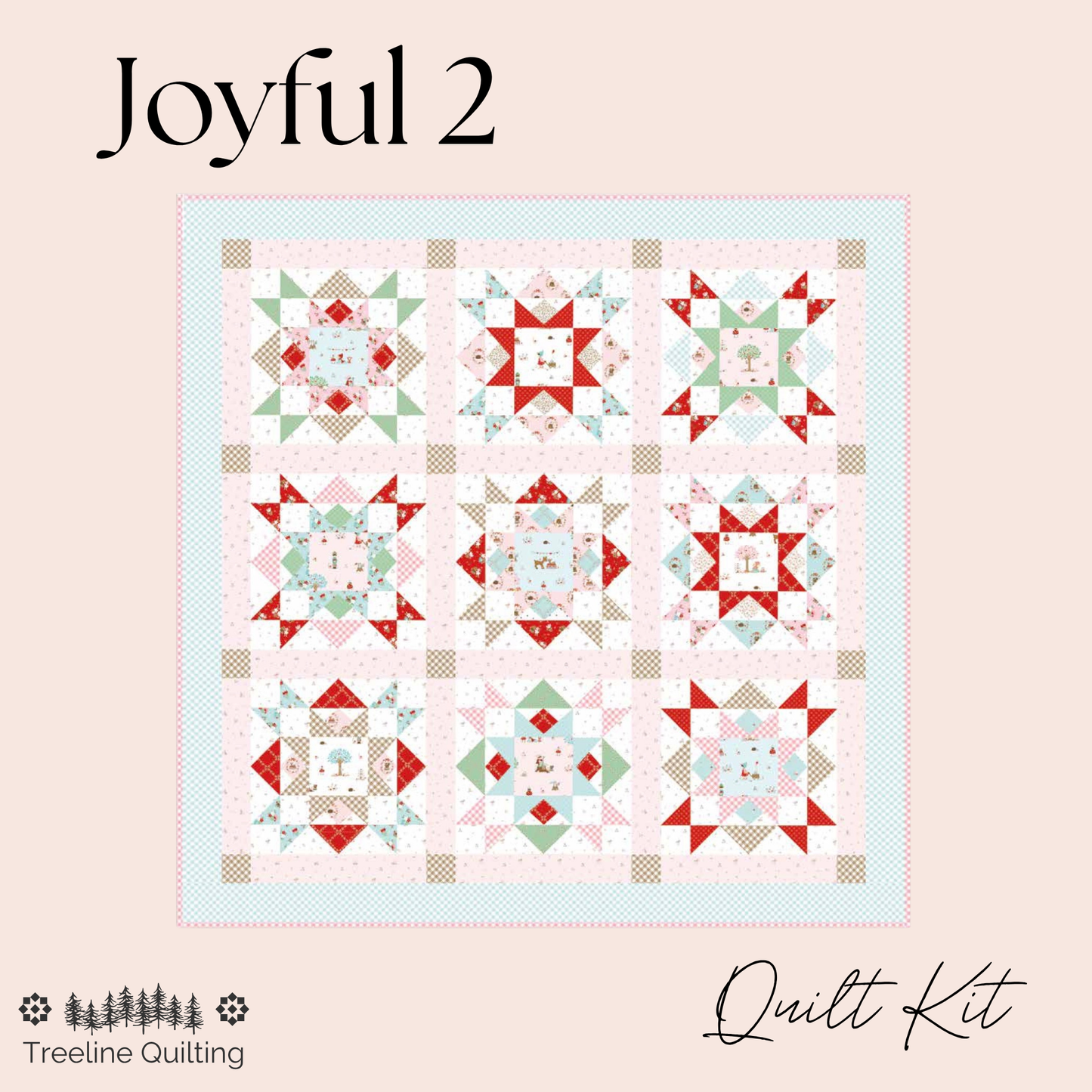 A quilt kit cover design for 'Joyful 2' quilt kit by Treeline Quilting, featuring a 3x3 grid of nine geometric and floral starburst quilt blocks in red, mint green, and beige on a light pink background, set against a solid pale pink backdrop.