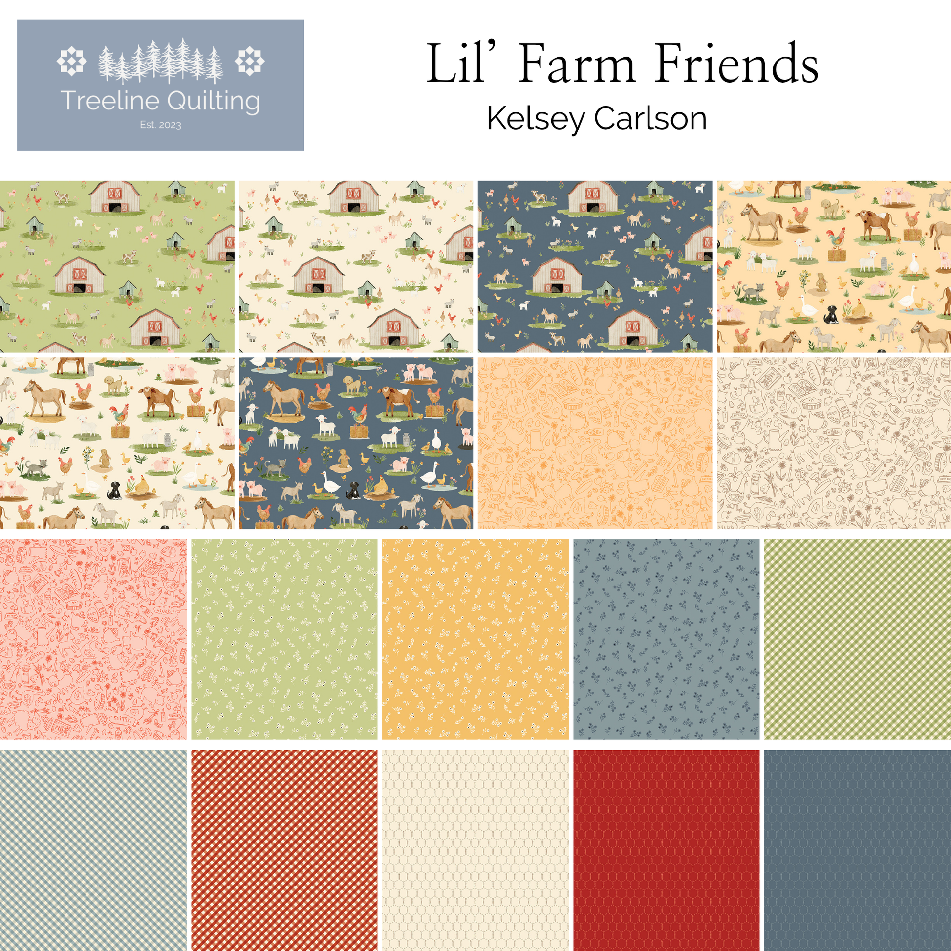 A quilting pattern swatch sheet titled 'Lil' Farm Friends' by Kelsey Carlson, featuring 16 different fabric designs and textures. The designs include various farm-themed patterns like barns, cows, and chickens in green, blue, beige, pink, yellow, and red, along with solid and dotted fabrics.