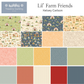 A quilting pattern swatch sheet titled 'Lil' Farm Friends' by Kelsey Carlson, featuring 16 different fabric designs and textures. The designs include various farm-themed patterns like barns, cows, and chickens in green, blue, beige, pink, yellow, and red, along with solid and dotted fabrics.