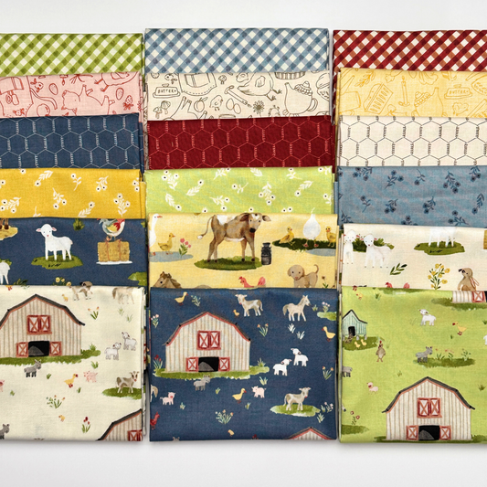 A 4x3 grid of 12 fabric swatches featuring various colorful farm-themed patterns including gingham, honeycomb, and rustic barn designs.
