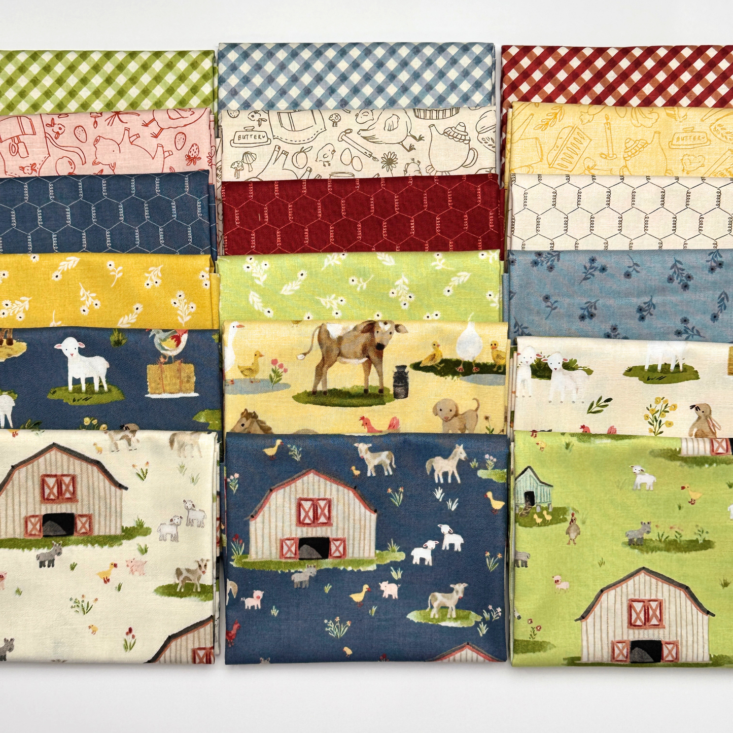 A 4x3 grid of 12 fabric swatches featuring various colorful farm-themed patterns including gingham, honeycomb, and rustic barn designs.