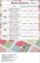 A printed quilting pattern sheet titled 'Make Believe' with size and yardage instructions for crib, lap, throw, twin, and queen patterns, plus a small quilted fabric sample photo at the bottom.