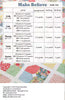 A printed quilting pattern sheet titled 'Make Believe' with size and yardage instructions for crib, lap, throw, twin, and queen patterns, plus a small quilted fabric sample photo at the bottom.