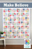 Make Believe quilt pattern cover.  A quilted wall hanging or patchwork textile displayed indoors, featuring a grid of colorful geometric and floral fabric squares on a white base. The top has a blue-gray banner with the text 'Make Believe,' and a 'a bright corner' logo appears in the lower right corner.