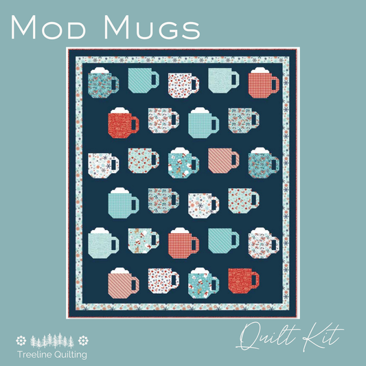 A quilt kit cover design titled 'Mod Mugs' by Treeline Quilting, featuring a central square patchwork quilt with a navy blue background and rows of colorful mug motifs in light blue, coral red, and white floral patterns, set against a muted blue-green background.  Features A Perfect Winter fabric collection 