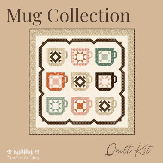 Mug Collection quilt kit cover by Treeline Quilting, featuring a central square quilt design with nine stylized mug motifs in muted red, green, brown, and cream tones on a tan background.