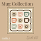 Mug Collection quilt kit cover by Treeline Quilting, featuring a central square quilt design with nine stylized mug motifs in muted red, green, brown, and cream tones on a tan background.