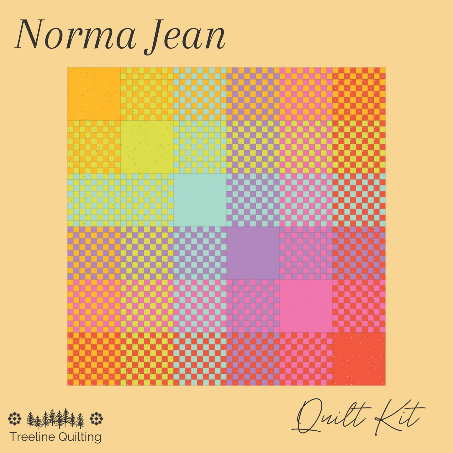 Norma Jean Quilt Kit cover by Treeline Quilting, featuring a colorful grid of checkered and dotted quilt squares on a warm beige background.