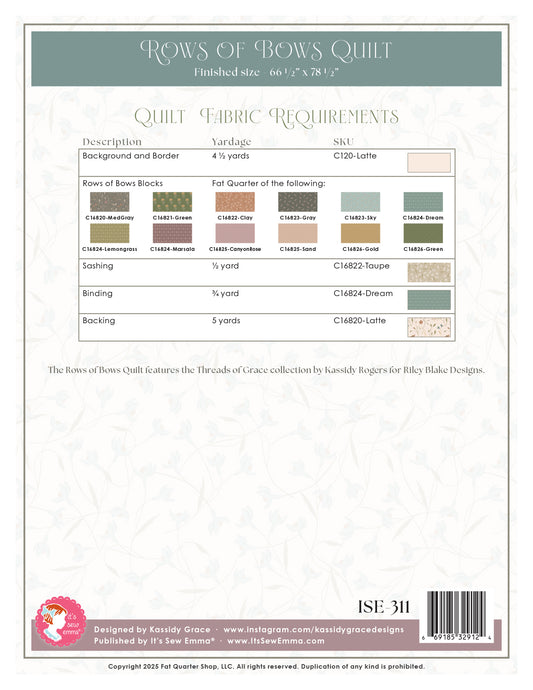 Rows of Bows fabric requirements back cover of pattern