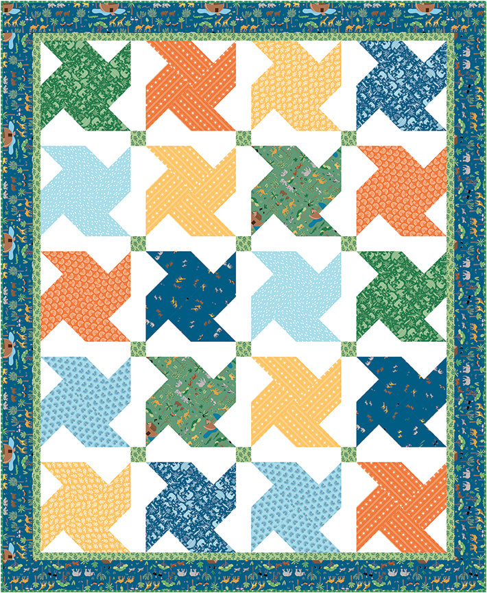 A square quilt or fabric panel design with a border and a grid of colorful pinwheel blocks. The center contains alternating pinwheel shapes in green, orange, yellow, light blue, and dark blue patterned fabrics on a white background.