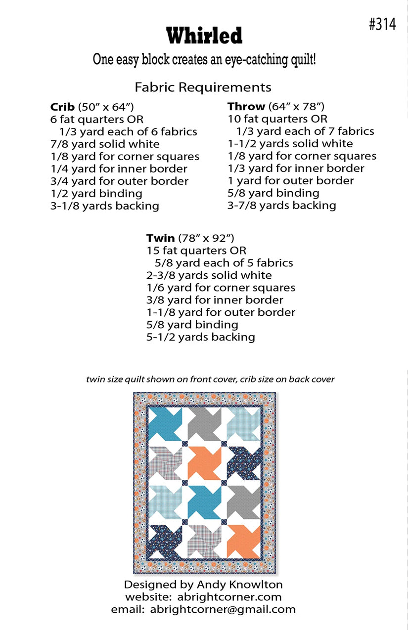 Whirled quilt pattern fabric requirements on pattern back