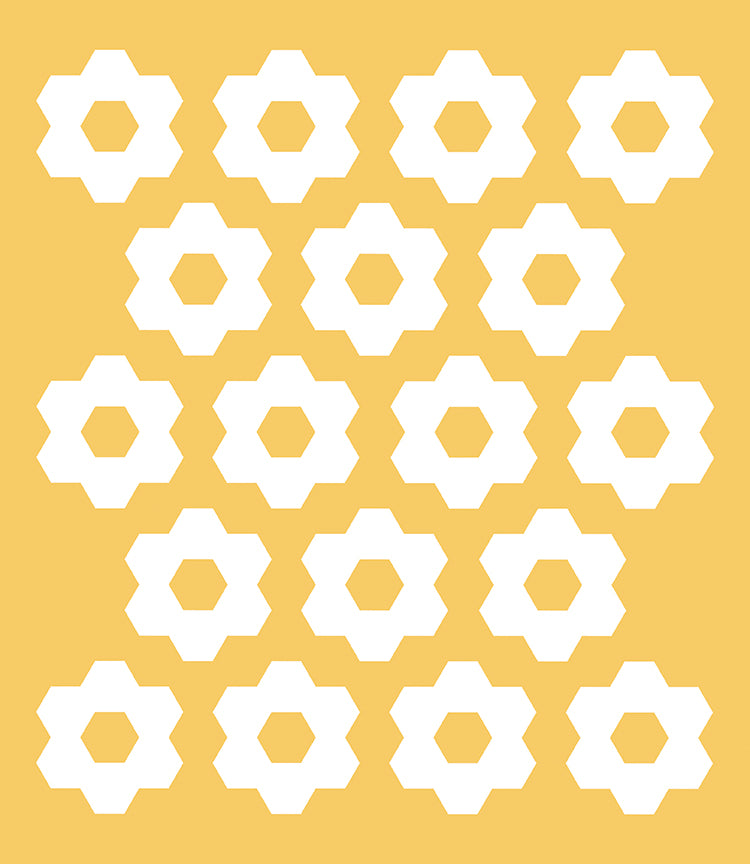 A repeating pattern of white six-pointed star-like shapes arranged in rows on a solid mustard yellow background.