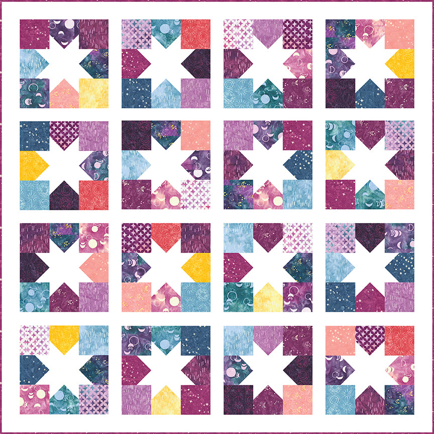 Joyful Stars quilt featuring colorful star blocks arranged in a modern geometric layout on a light background.