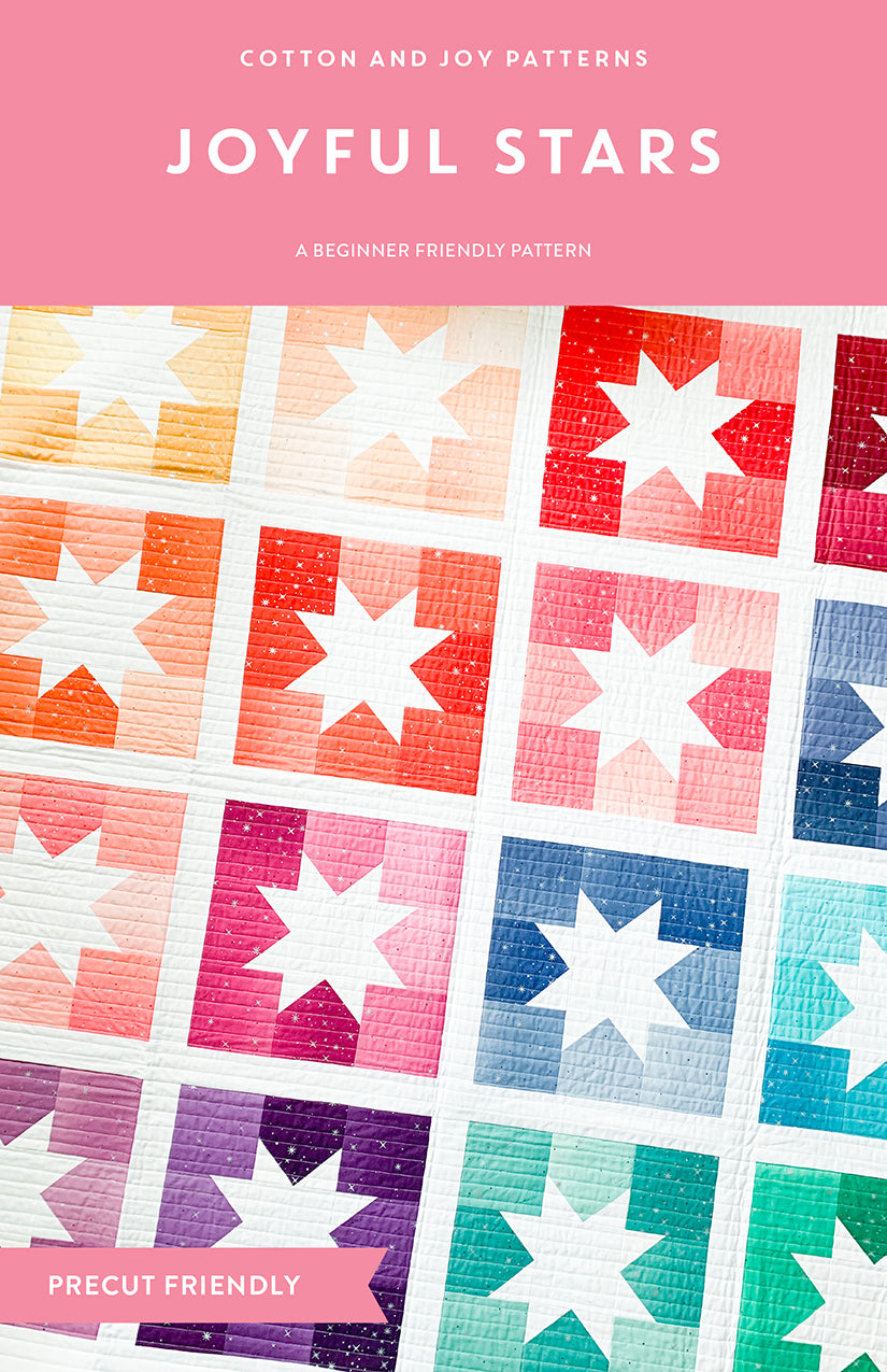 Joyful Stars quilt pattern cover by Cotton and Joy featuring a colorful star quilt design with modern patchwork blocks.
