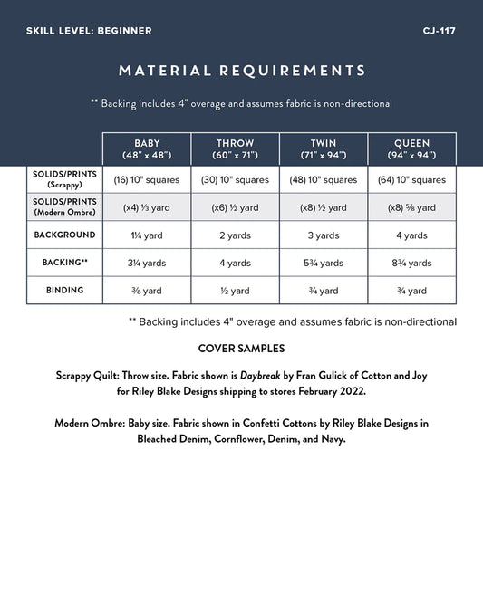 Back cover of the Squared Up quilt pattern showing quilt sizes, fabric requirements, and pattern details.
