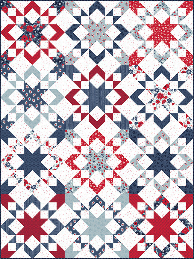 Starly quilt pattern shown in an alternate fabric colorway with striking star motifs and contemporary patchwork design.

