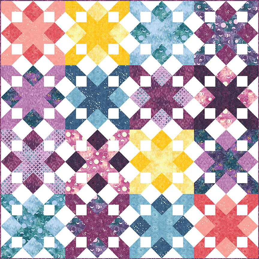 Finished Star Struck quilt featuring large star blocks arranged in a modern patchwork layout with coordinated fabrics.

