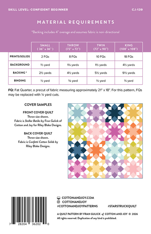 Back cover of the Star Struck quilt pattern showing quilt sizes, fabric requirements, and pattern details.

