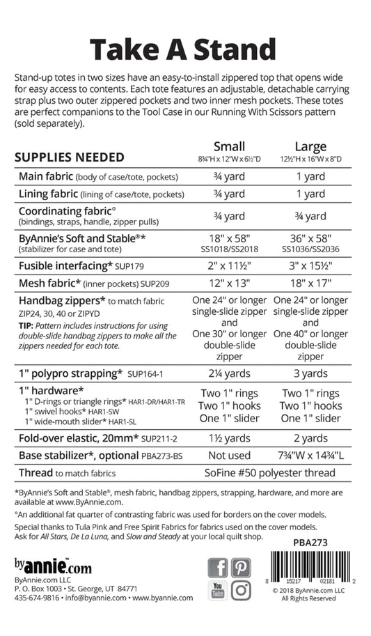 Take A Stand pattern back cover with fabric and supplies requirements for two sizes. 