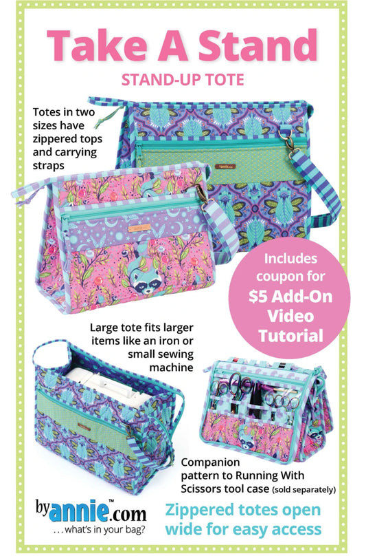 Take A Stand Pattern by By Annie pattern cover with two sizes of the bag shown. 