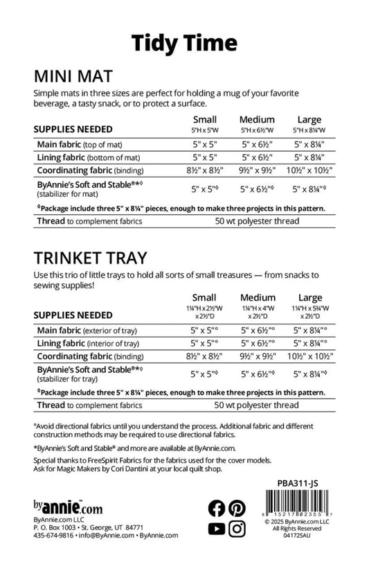 Tidy Time pattern back cover with supplies list for three sizes of the mini mat and trinket tray.  