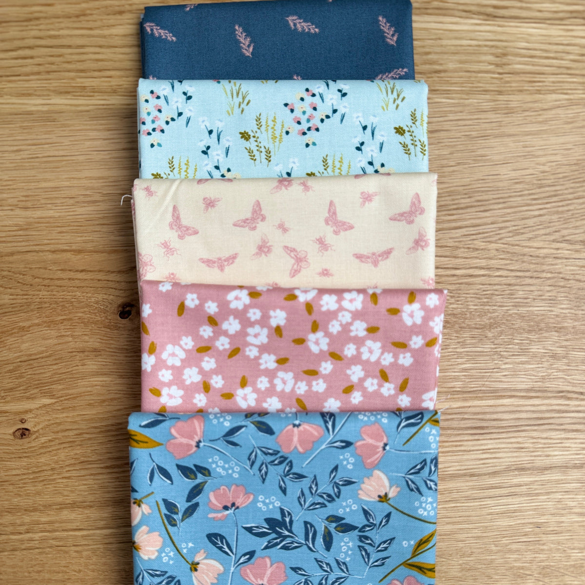 5 piece bundle of Petals and Hazel fabric in blues, pinks, and creams.  Butterfly and floral prints.  