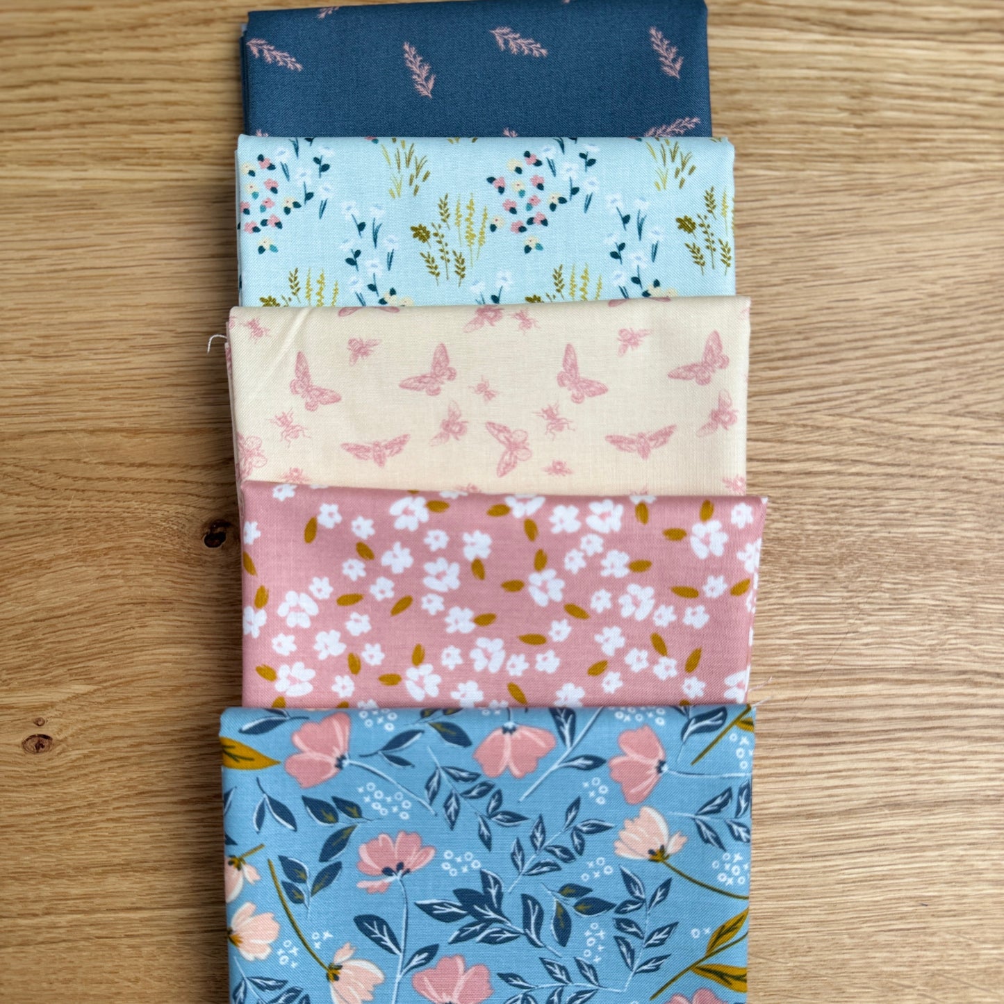 5 piece bundle of Petals and Hazel fabric in blues, pinks, and creams.  Butterfly and floral prints.  