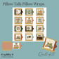 Pillow Talk Pillow Wraps quilt kit by Treeline Quilting, featuring a 12-piece set of decorative pillow tag wraps with autumn and vintage illustrations, shown on a muted teal background with a finished wrapped pillow example.