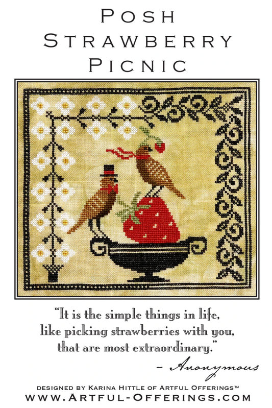 Posh Strawberry Picnic cross stitch pattern cover by Artful Offerings.  features two birds and a strawberry with floral border. 