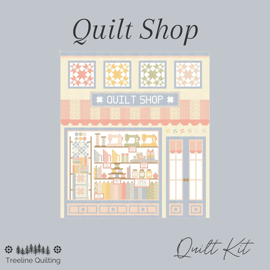 Quilt Shop quilt kit features a store front view of a quilt shop window.  This block of the month will be hosted by Heather Briggs of My Sew Quilty Life. 