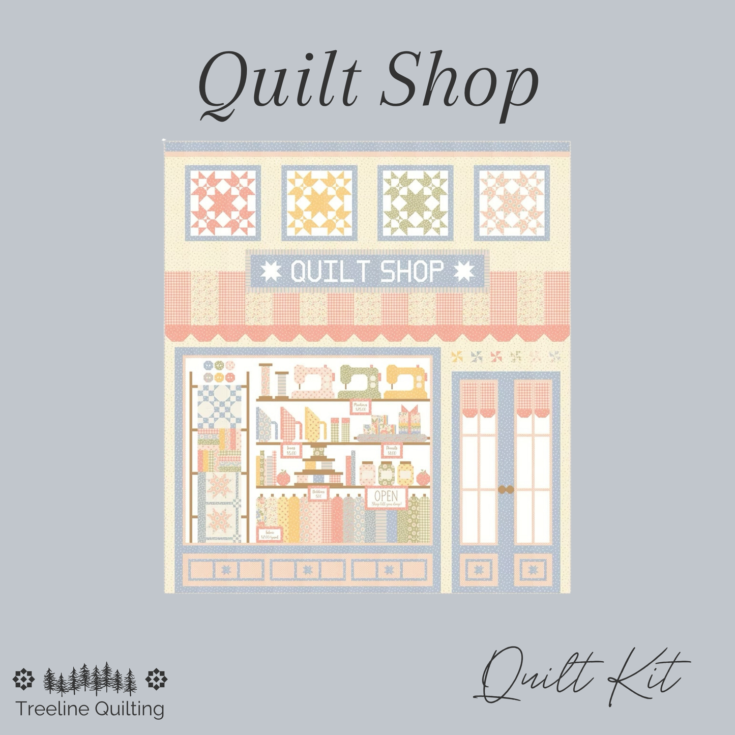 Quilt Shop quilt kit features a store front view of a quilt shop window.  This block of the month will be hosted by Heather Briggs of My Sew Quilty Life. 