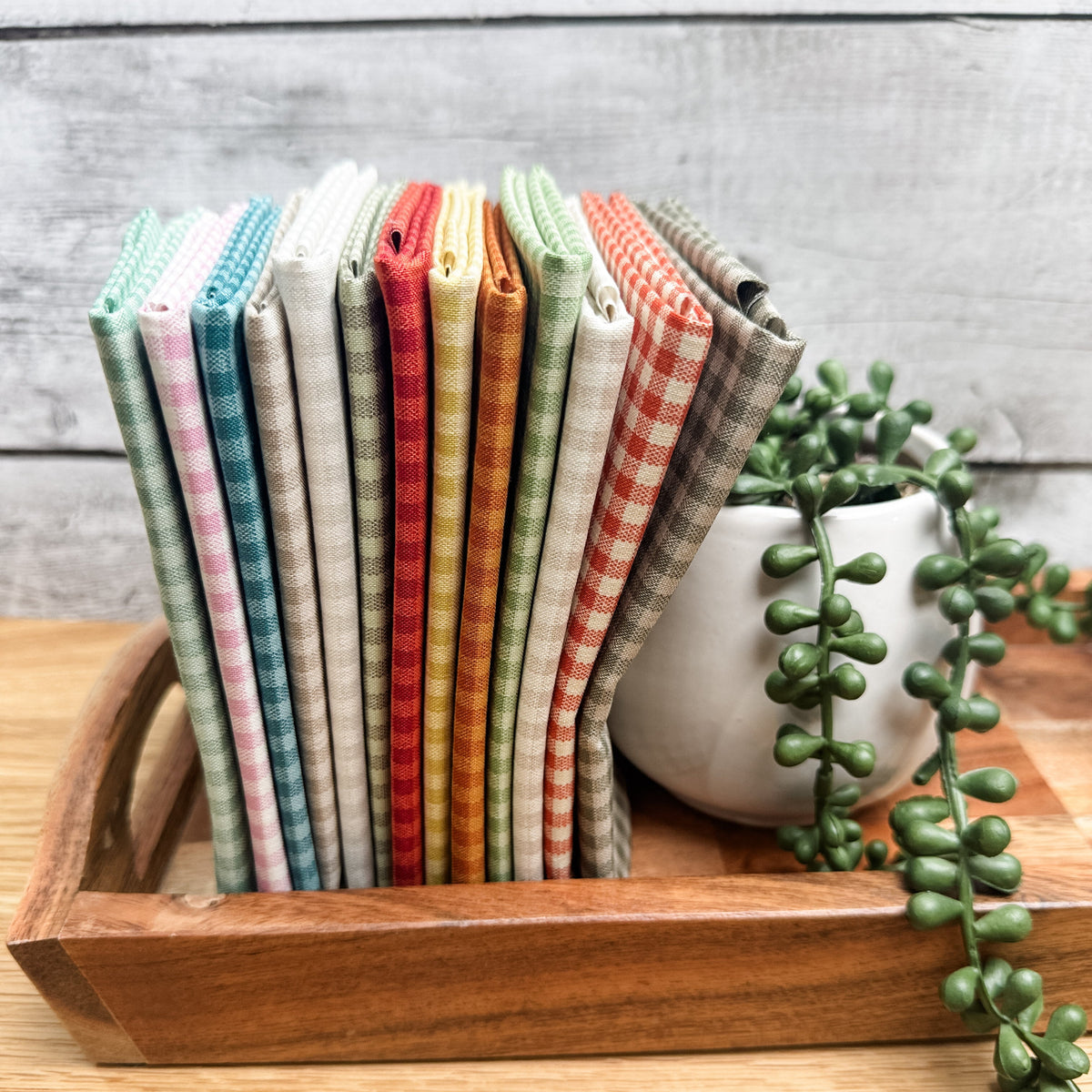 Thirteen Quiltessential Minis check fat quarters standing on end on a tray beside an artificial plant.