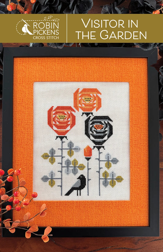 Visitor to the Garden Cross Stitch Pattern  with orange and black flowers with a crow in the bottom middle