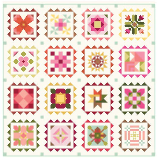 A 4x4 grid of colorful quilt block designs arranged in a square layout on a cream background with a mint border. Each block features different geometric and floral-inspired patchwork patterns in pink, red, yellow, green, orange, and brown.