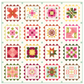 A 4x4 grid of colorful quilt block designs arranged in a square layout on a cream background with a mint border. Each block features different geometric and floral-inspired patchwork patterns in pink, red, yellow, green, orange, and brown.